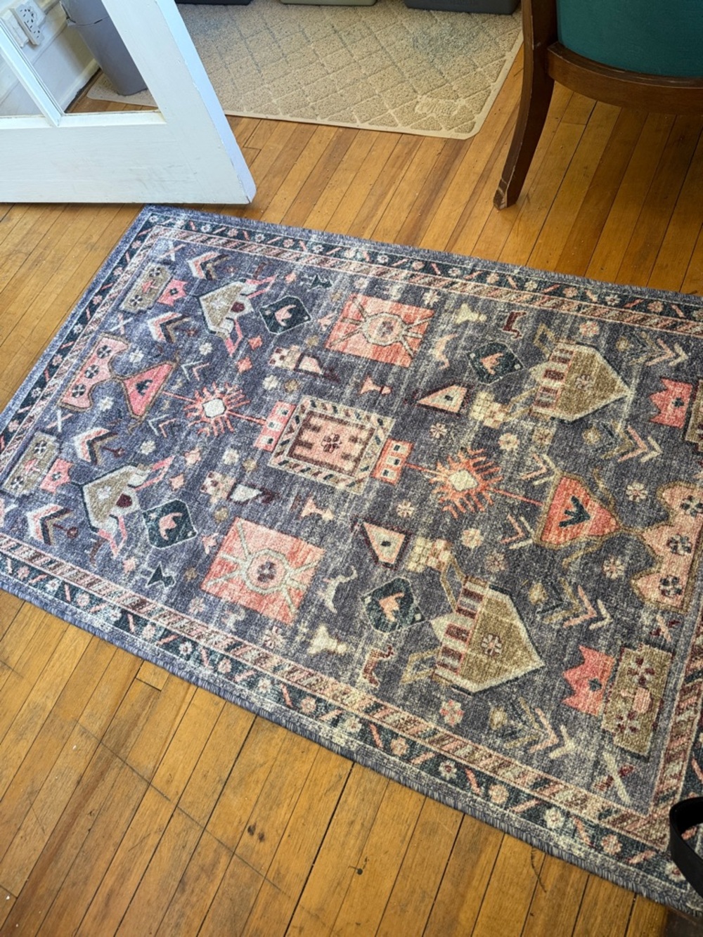 Blue and Coral Patterned Runner Rug 5 feet x 3.5 feet